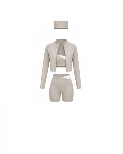 Soleil Set – beżowy komplet na pilates: bluza, top, spodenki i opaska