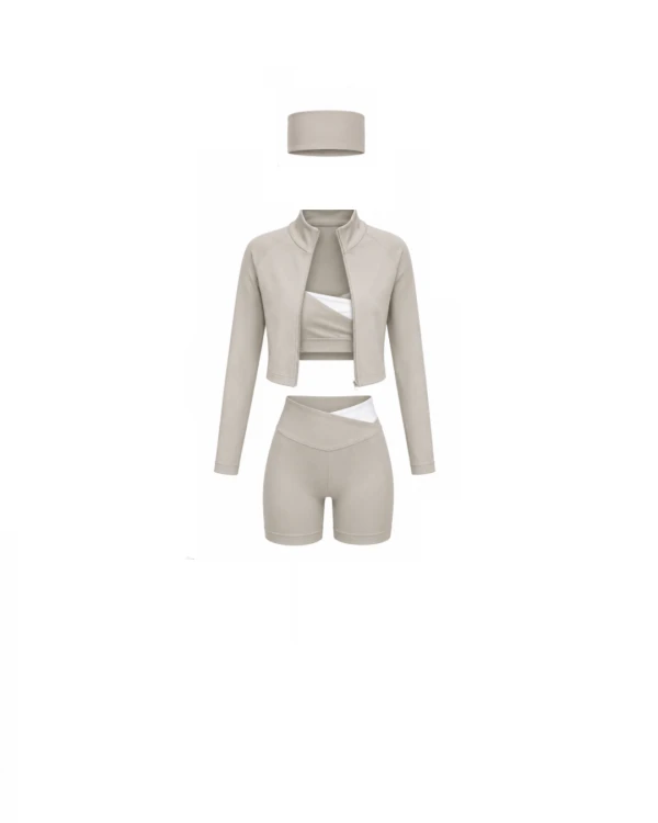 Soleil Set – beżowy komplet na pilates: bluza, top, spodenki i opaska